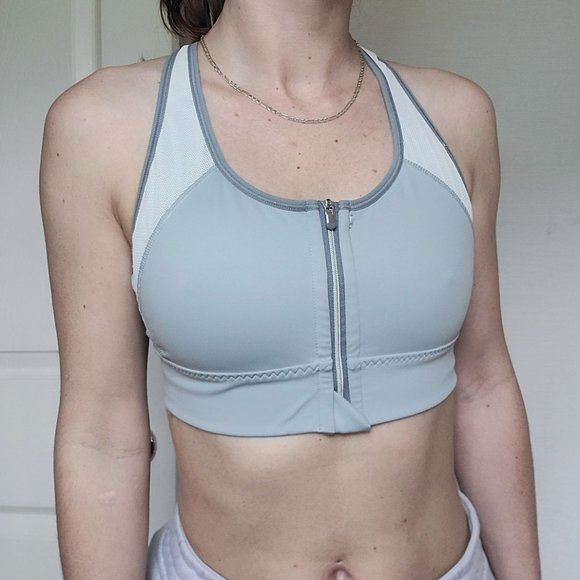 Athleta Zip It Blue-Gray / White Mesh Stealth Medium Impact Sports Bra - Small - Picture 10 of 10